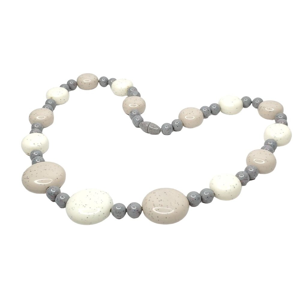 Vintage Beaded Necklace Round Grey Beige Off White Speckled 20"